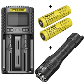 Nitecore UM2 Oplader + Nitecore 21700 NL2160HP 6000mAh Li Ion Batterier & P23i