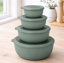 Rundt skålesæt med låg i plast, 4 stk., grøn