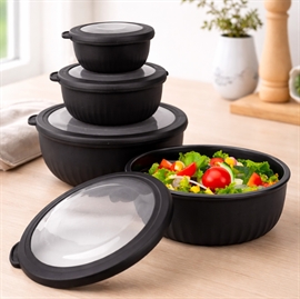 Rundt skålesæt med låg i plast, sort – 4 stk.