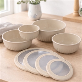 Rundt skålesæt med låg i plast, beige – 4 stk.