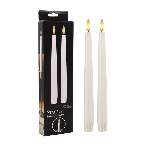 LED Stagelys med 3D-Flamme Hvid H: 24,5 cm, 2 stk.