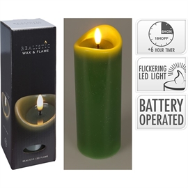 LED Vokslys med Naturtro Flamme Ø: 70 x H: 200 mm, Mørkegrøn