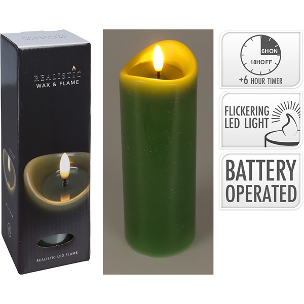 LED Vokslys med Naturtro Flamme Ø: 70 x H: 200 mm, Mørkegrøn