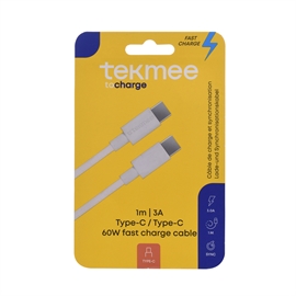 Tekmee 1 meter opladerkabel, Type-C til Type-C, Hvid