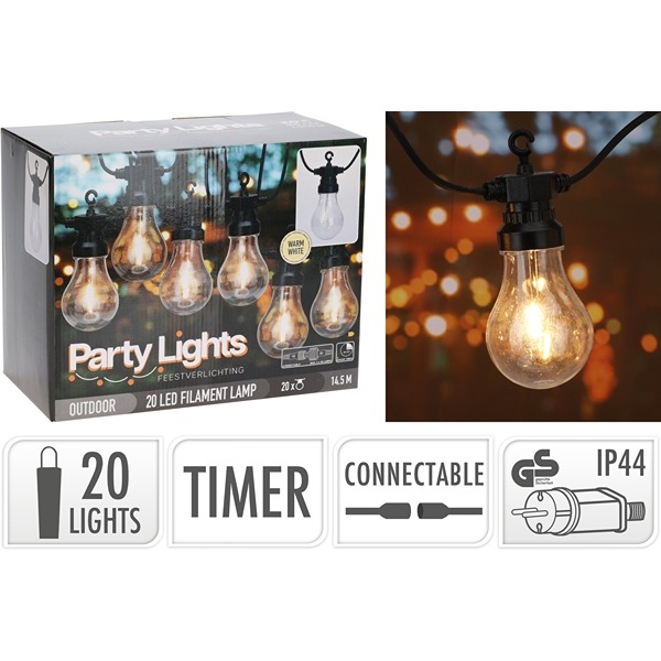 LED Party lyskæde 20 LED pærer, Varm Hvid, 9,5 m - Kan forlænges