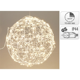 Rund LED-kugle 25 cm med 300 Varm Hvid Mikrolys og Timer, Sølv