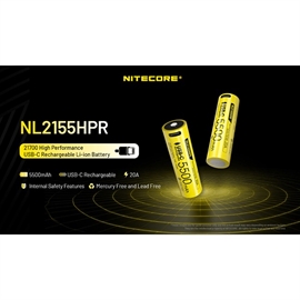 Nitecore NL2155HPR - 21700 5500mAh Li Ion Batteri - USB-C Opladelig