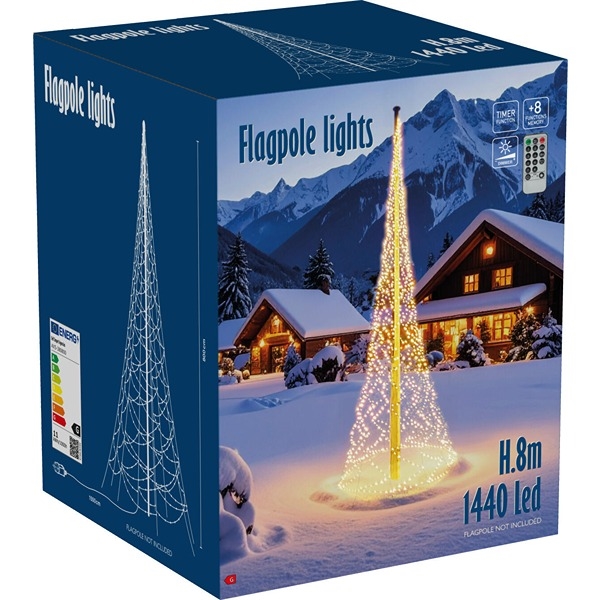 LED Lyskæde til Flagstang, 8 m høj med 1440 LED, Varm Hvid
