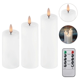 3-pak LED bloklys 5 x 10, 12,5 og 15 cm vokslys med resin - hvid