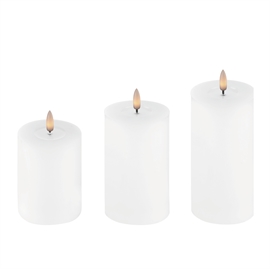 3-pak LED bloklys 5 x 10, 12,5 og 15 cm vokslys med resin - hvid