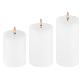 3-pak LED bloklys 7,5 x 10, 12,5 og 15 cm vokslys med resin, hvid