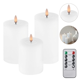 3-pak LED bloklys 7,5 x 10, 12,5 og 15 cm vokslys m. resin, hvid