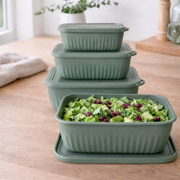 Rektangulært skålesæt med låg i plast, grøn – 4 stk.