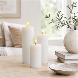 3-pak LED bloklys Ø 5 cm: H 10, 12,5 og 15 cm rustikt vokslys med resin, Whisper White