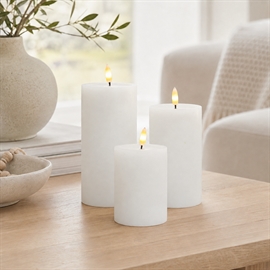 3-pak LED bloklys Ø 7,5 x H 10/12,5/15 cm - rustikke vokslys med resin, Whisper White