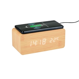 Grundig vækkeur i trælook med trådløs lader og digitalt display