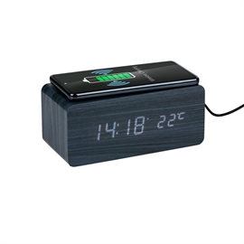 Grundig vækkeur med trådløs opladning og digitalt display i sort trælook