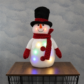 LED snemand med hat 42 cm med farvet lys – julefigur i filt, hvid/rød