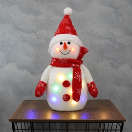 LED Snemand med Nissehue 42 cm med Farvet Lys – Julefigur i Filt, Hvid/Rød