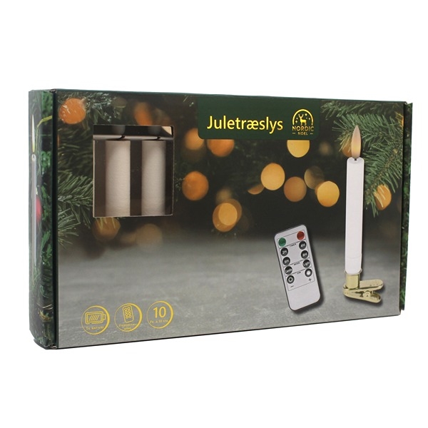Juletræslys med 3D Flamme og Holder 10 stk. samt Fjernbetjening, Hvid