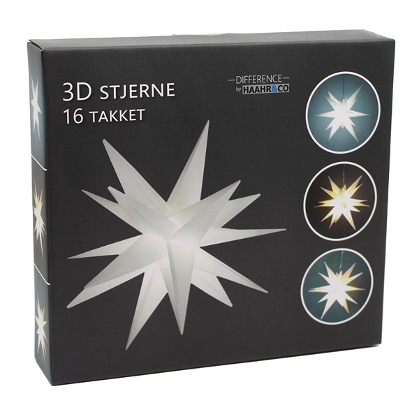 LED Julestjerne 3D 35 cm med 16 Takker og Timerfunktion, Hvid
