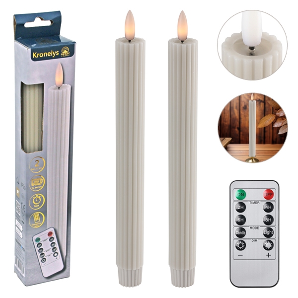 Riflet LED Kronelys Vokslys og Resin 25 cm 2 stk. 3D flamme, Månehvid