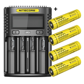 Nitecore UMS4 oplader + 4 stk. Nitecore 21700 NL2160 6000mAh Li Ion batterier