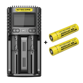 Nitecore UMS2 oplader + 2 stk. Nitecore 18650 NL1840 4000mAh Li Ion batterier
