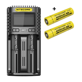 Nitecore UMS2 oplader + 2 stk. Nitecore 18650 NL1840 4000mAh Li Ion batterier