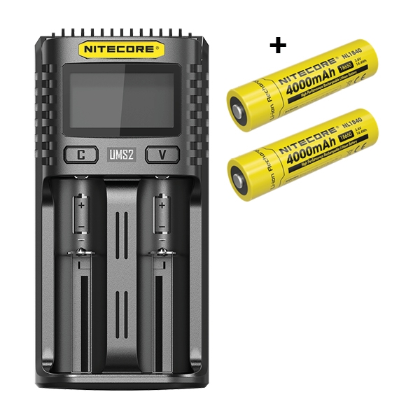 Nitecore UMS2 oplader + 2 stk. Nitecore 18650 NL1840 4000mAh Li Ion batterier