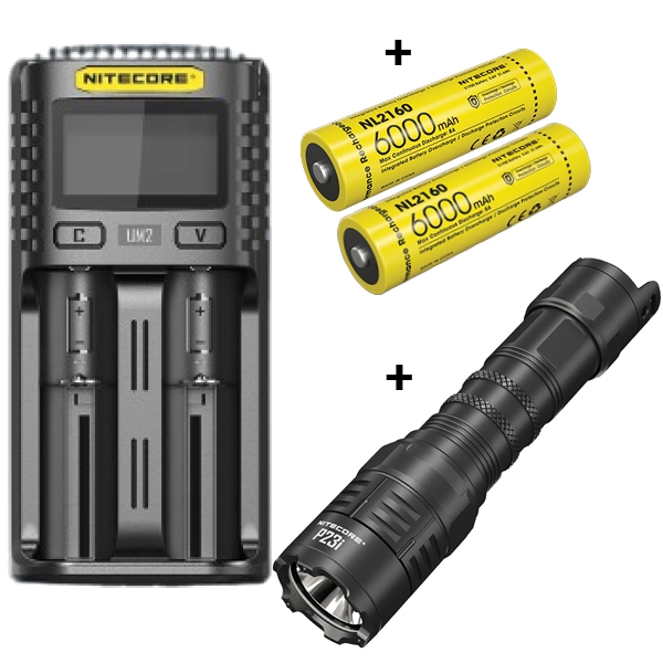 Sæt: Nitecore UM2 oplader, Nitecore 21700 NL2160 6000mAh Li Ion batterier og P23i
