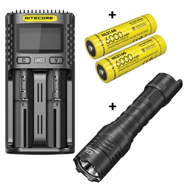 Sæt: Nitecore UM2 oplader, Nitecore 21700 NL2160 6000mAh Li Ion batterier og P23i