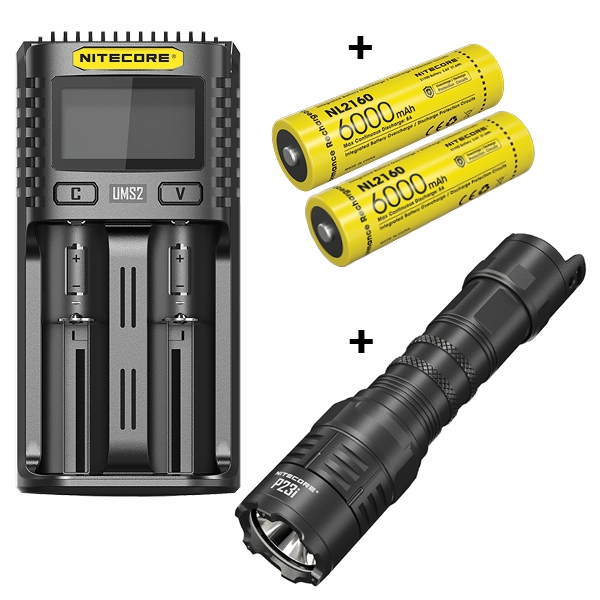 Sæt: Nitecore UM2 oplader, Nitecore 21700 NL2160 6000mAh Li Ion batterier og P23i