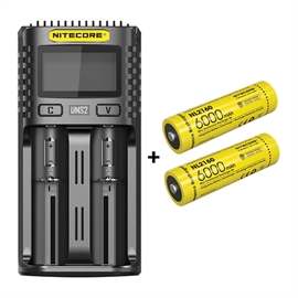Nitecore UMS2 oplader + 2x Nitecore 21700 NL2160 6000mAh Li Ion batterier