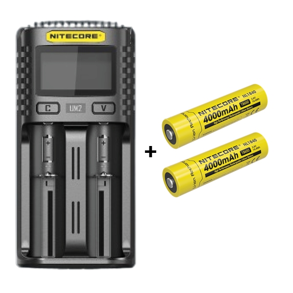 Nitecore UM2 oplader med 2x Nitecore 18650 NL1840 4000mAh Li Ion batterier