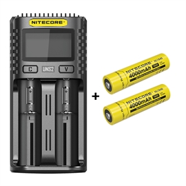 Nitecore UM2 oplader med 2x Nitecore 18650 NL1840 4000mAh Li Ion batterier