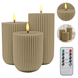 LED Bloklys, 3 stk. (10, 12,5 og 15 cm) riflet voks med resin - Latte