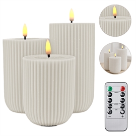 LED bloklys, 3 stk. (10, 12,5 og 15 cm) riflede vokslys med resin - Whisper White