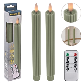 LED Kronelys 25 cm - 2 stk. riflede vokslys med resin-top, sage grøn