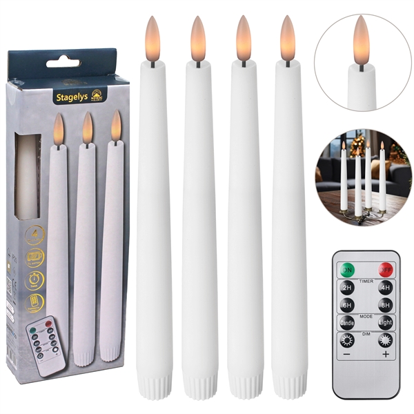 LED Stagelys med 3D-Flamme og Fjernbetjening Hvid H: 24,5 cm, 4 stk.